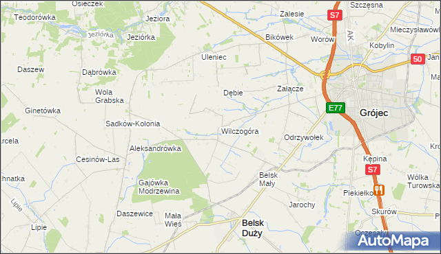 mapa Wilczogóra gmina Belsk Duży, Wilczogóra gmina Belsk Duży na mapie Targeo