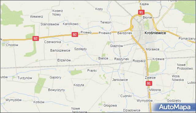 mapa Bielice gmina Krośniewice, Bielice gmina Krośniewice na mapie Targeo