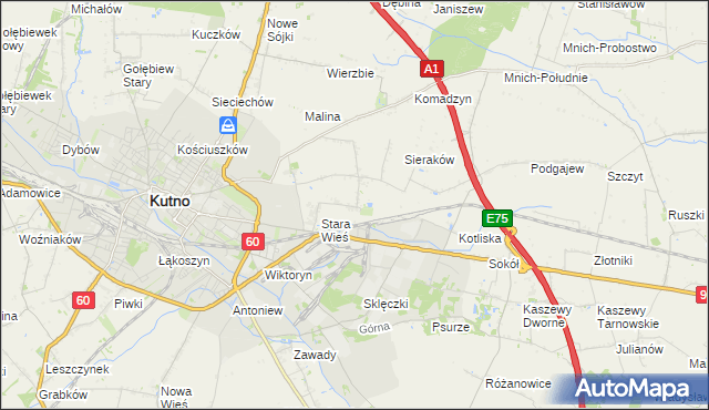 mapa Bielawki gmina Kutno, Bielawki gmina Kutno na mapie Targeo