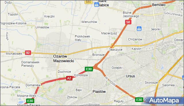 mapa Bronisze gmina Ożarów Mazowiecki, Bronisze gmina Ożarów Mazowiecki na mapie Targeo