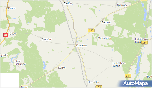 mapa Kowalów gmina Rzepin, Kowalów gmina Rzepin na mapie Targeo