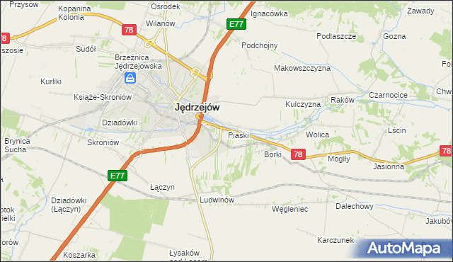 mapa Piaski gmina Jędrzejów, Piaski gmina Jędrzejów na mapie Targeo