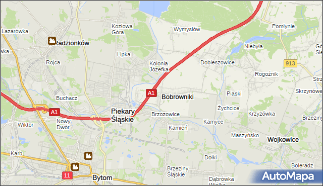 mapa Bobrowniki powiat będziński, Bobrowniki powiat będziński na mapie Targeo