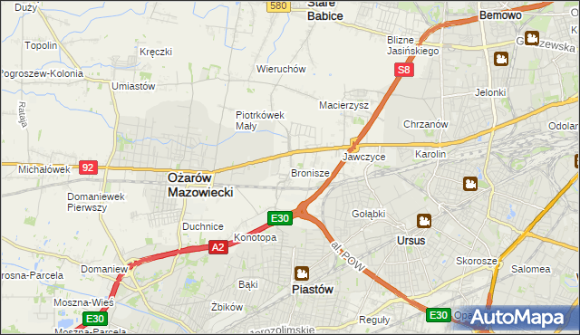 mapa Bronisze gmina Ożarów Mazowiecki, Bronisze gmina Ożarów Mazowiecki na mapie Targeo