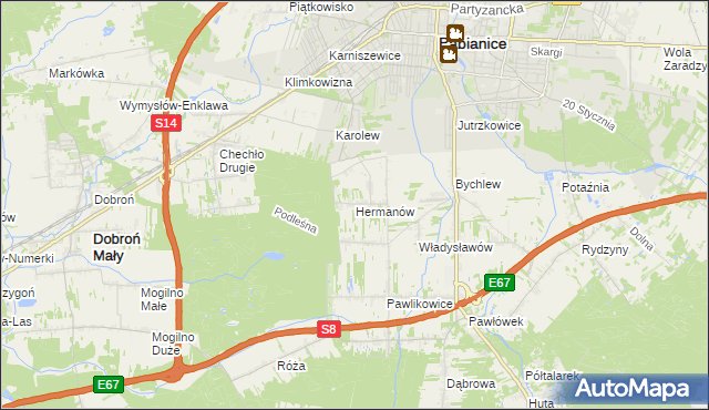 mapa Hermanów gmina Pabianice, Hermanów gmina Pabianice na mapie Targeo