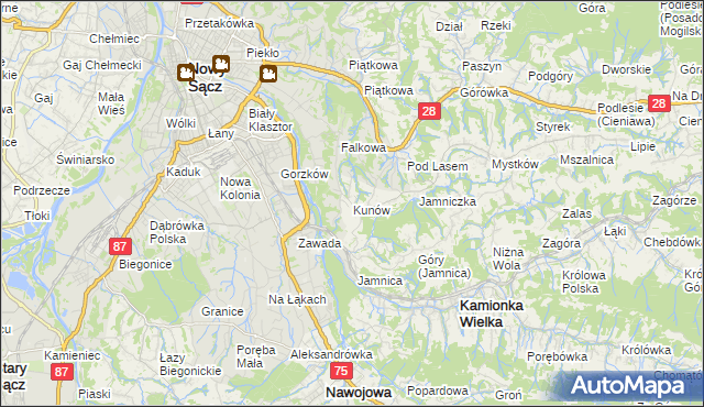 mapa Kunów gmina Chełmiec, Kunów gmina Chełmiec na mapie Targeo