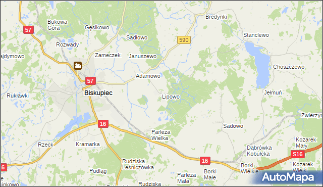 mapa Lipowo gmina Biskupiec, Lipowo gmina Biskupiec na mapie Targeo