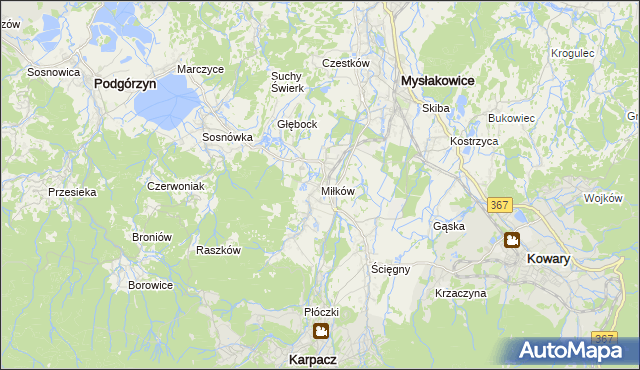 mapa Miłków gmina Podgórzyn, Miłków gmina Podgórzyn na mapie Targeo