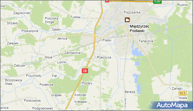 mapa Rzeczyca gmina Międzyrzec Podlaski, Rzeczyca gmina Międzyrzec Podlaski na mapie Targeo