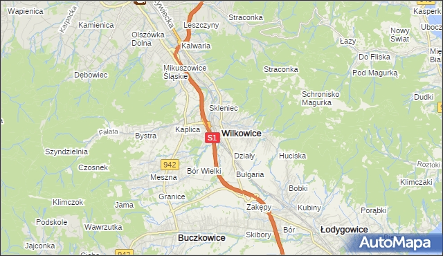 mapa Wilkowice powiat bielski, Wilkowice powiat bielski na mapie Targeo