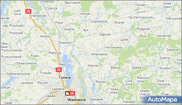 mapa Witanowice gmina Tomice, Witanowice gmina Tomice na mapie Targeo