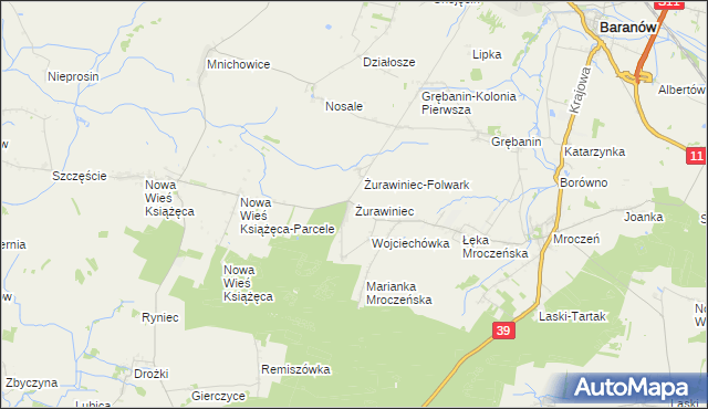 mapa Żurawiniec gmina Baranów, Żurawiniec gmina Baranów na mapie Targeo