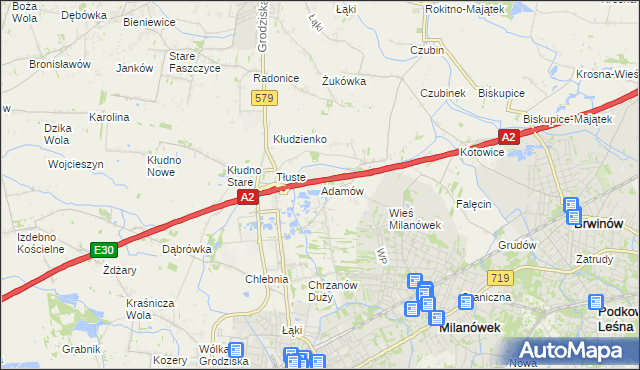 mapa Adamów gmina Grodzisk Mazowiecki, Adamów gmina Grodzisk Mazowiecki na mapie Targeo