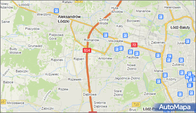 mapa Antoniew gmina Aleksandrów Łódzki, Antoniew gmina Aleksandrów Łódzki na mapie Targeo