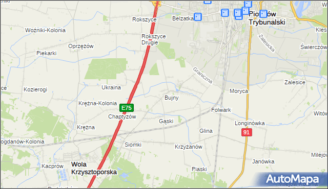 mapa Bujny gmina Wola Krzysztoporska, Bujny gmina Wola Krzysztoporska na mapie Targeo