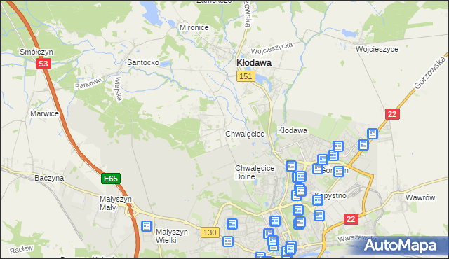 mapa Chwalęcice gmina Kłodawa, Chwalęcice gmina Kłodawa na mapie Targeo