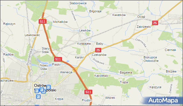 mapa Czekanów gmina Ostrów Wielkopolski, Czekanów gmina Ostrów Wielkopolski na mapie Targeo