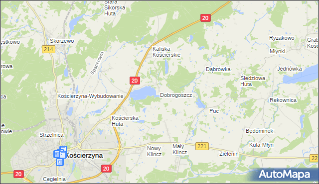 mapa Dobrogoszcz gmina Kościerzyna, Dobrogoszcz gmina Kościerzyna na mapie Targeo