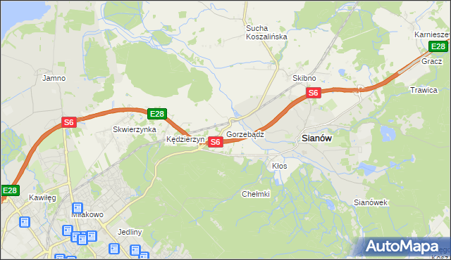 mapa Gorzebądz gmina Sianów, Gorzebądz gmina Sianów na mapie Targeo