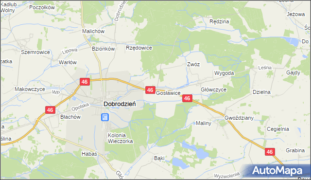 mapa Gosławice gmina Dobrodzień, Gosławice gmina Dobrodzień na mapie Targeo