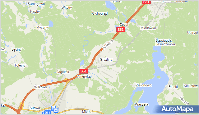 mapa Gryźliny gmina Stawiguda, Gryźliny gmina Stawiguda na mapie Targeo