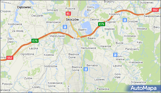 mapa Harbutowice gmina Skoczów, Harbutowice gmina Skoczów na mapie Targeo