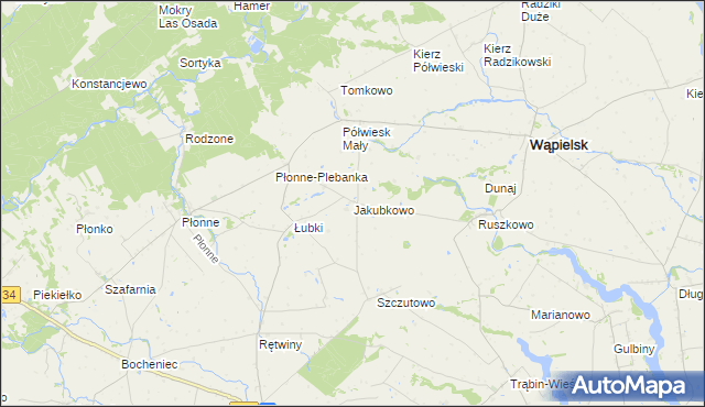 mapa Jakubkowo gmina Radomin, Jakubkowo gmina Radomin na mapie Targeo