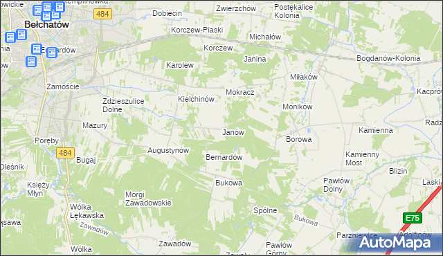 mapa Janów gmina Bełchatów, Janów gmina Bełchatów na mapie Targeo