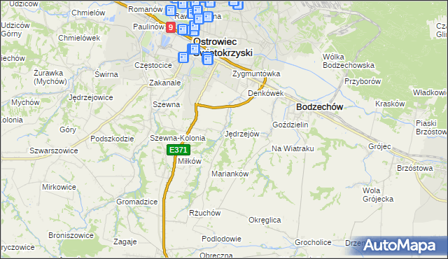 mapa Jędrzejów gmina Bodzechów, Jędrzejów gmina Bodzechów na mapie Targeo