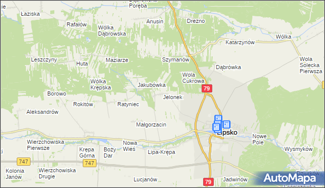 mapa Jelonek gmina Lipsko, Jelonek gmina Lipsko na mapie Targeo