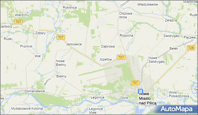 mapa Józefów gmina Nowe Miasto nad Pilicą, Józefów gmina Nowe Miasto nad Pilicą na mapie Targeo