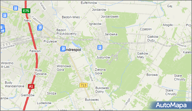 mapa Justynów gmina Andrespol, Justynów gmina Andrespol na mapie Targeo