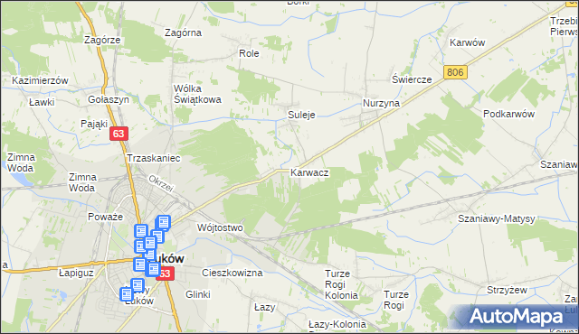 mapa Karwacz gmina Łuków, Karwacz gmina Łuków na mapie Targeo