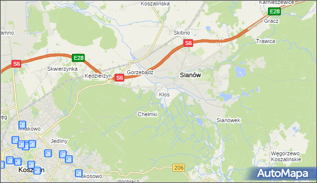 mapa Kłos gmina Sianów, Kłos gmina Sianów na mapie Targeo