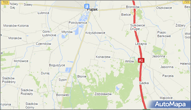 mapa Konarzew gmina Piątek, Konarzew gmina Piątek na mapie Targeo