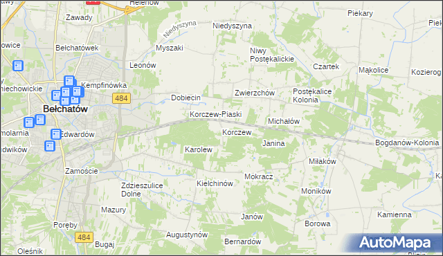 mapa Korczew gmina Bełchatów, Korczew gmina Bełchatów na mapie Targeo