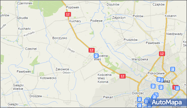 mapa Kościelna Wieś gmina Gołuchów, Kościelna Wieś gmina Gołuchów na mapie Targeo