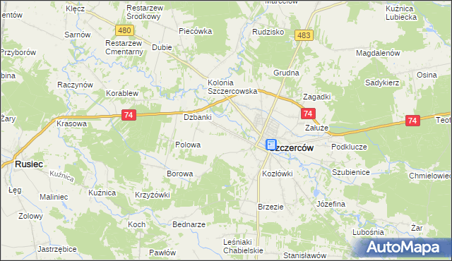 mapa Kościuszki gmina Szczerców, Kościuszki gmina Szczerców na mapie Targeo