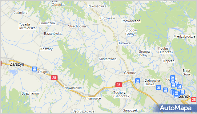 mapa Kostarowce, Kostarowce na mapie Targeo