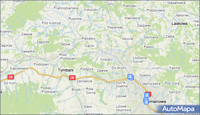 mapa Koszary gmina Limanowa, Koszary gmina Limanowa na mapie Targeo