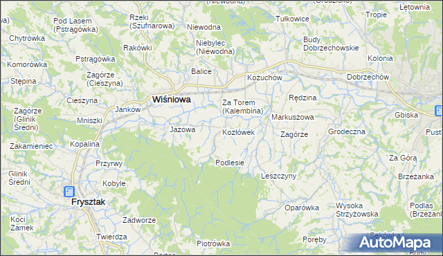 mapa Kozłówek gmina Wiśniowa, Kozłówek gmina Wiśniowa na mapie Targeo