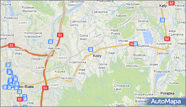 mapa Kozy powiat bielski, Kozy powiat bielski na mapie Targeo