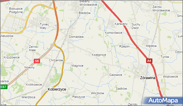 mapa Księginice gmina Kobierzyce, Księginice gmina Kobierzyce na mapie Targeo