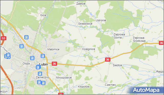 mapa Księginice gmina Lubin, Księginice gmina Lubin na mapie Targeo