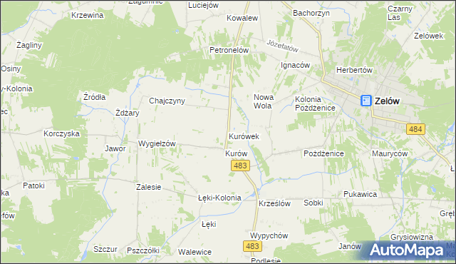 mapa Kurówek gmina Zelów, Kurówek gmina Zelów na mapie Targeo