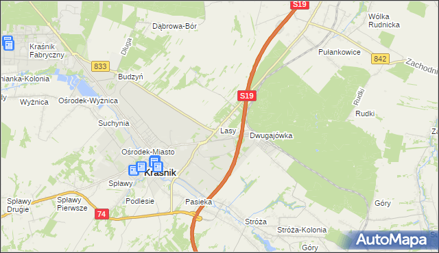 mapa Lasy gmina Kraśnik, Lasy gmina Kraśnik na mapie Targeo