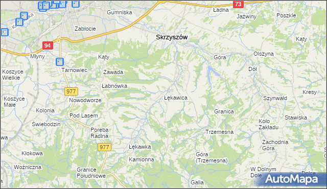 mapa Łękawica gmina Skrzyszów, Łękawica gmina Skrzyszów na mapie Targeo