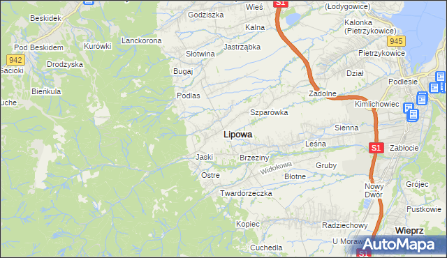 mapa Lipowa powiat żywiecki, Lipowa powiat żywiecki na mapie Targeo