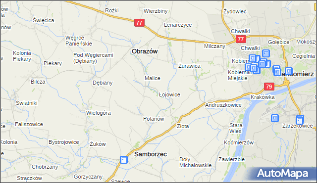 mapa Łojowice gmina Samborzec, Łojowice gmina Samborzec na mapie Targeo