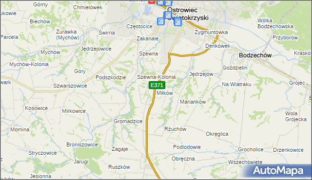 mapa Miłków gmina Bodzechów, Miłków gmina Bodzechów na mapie Targeo